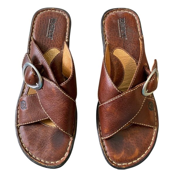 Born Sandals Womens Brown Leather Buckle Slip-On Wedge Shoes Size 7 - Picture 1 of 10